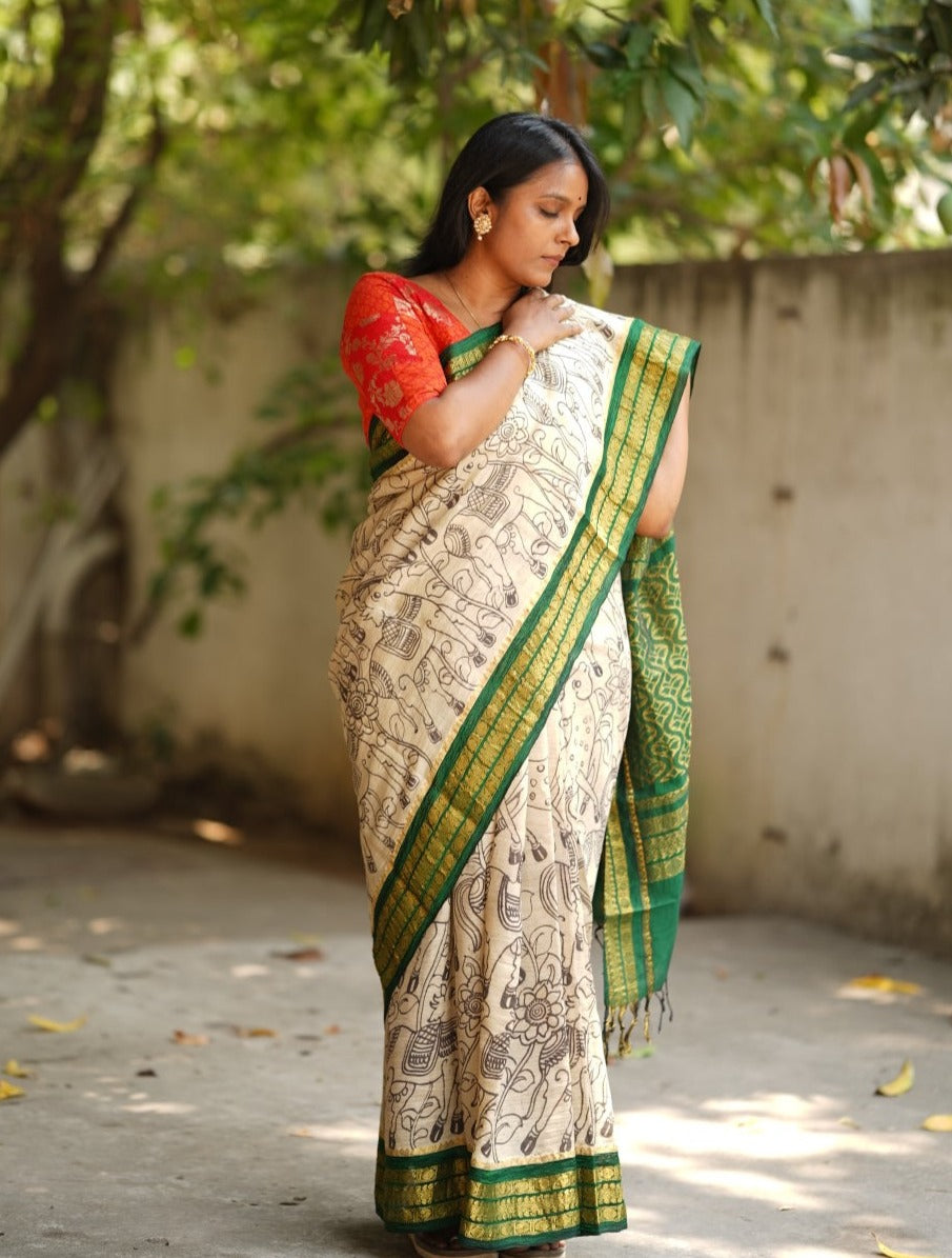 Pen Kalamkari Hand Drawn Silk Cotton Saree PC10151