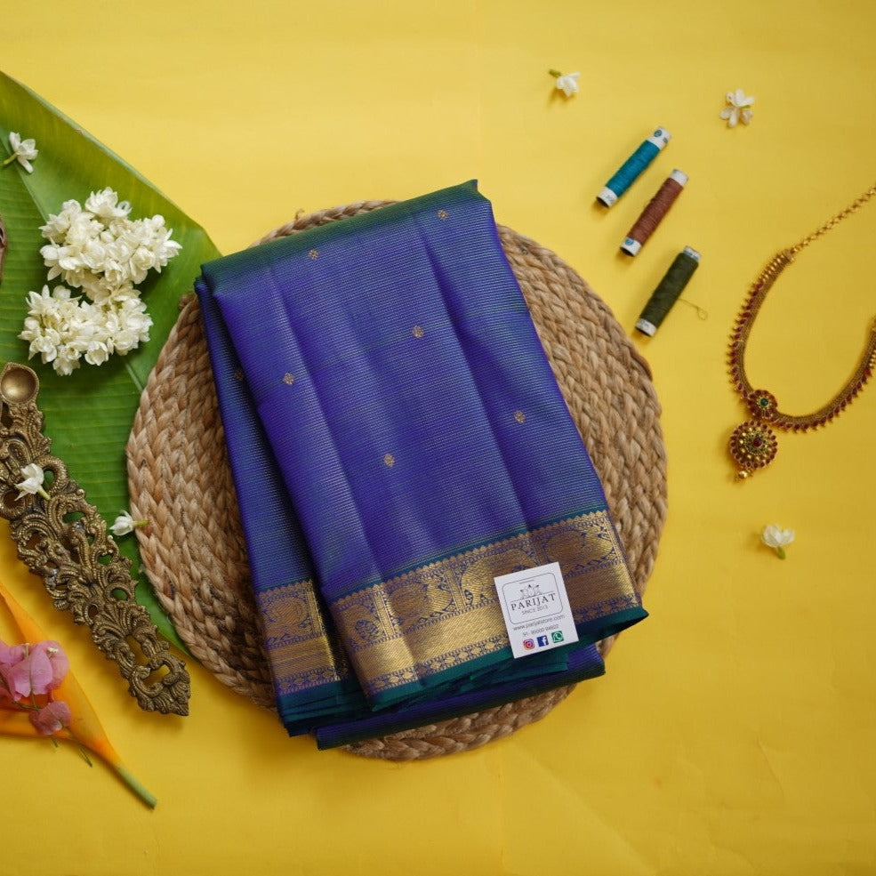 Peacock Blue Vairaoosi Pure 4gm Gold Kanchi Silk Saree PC10145