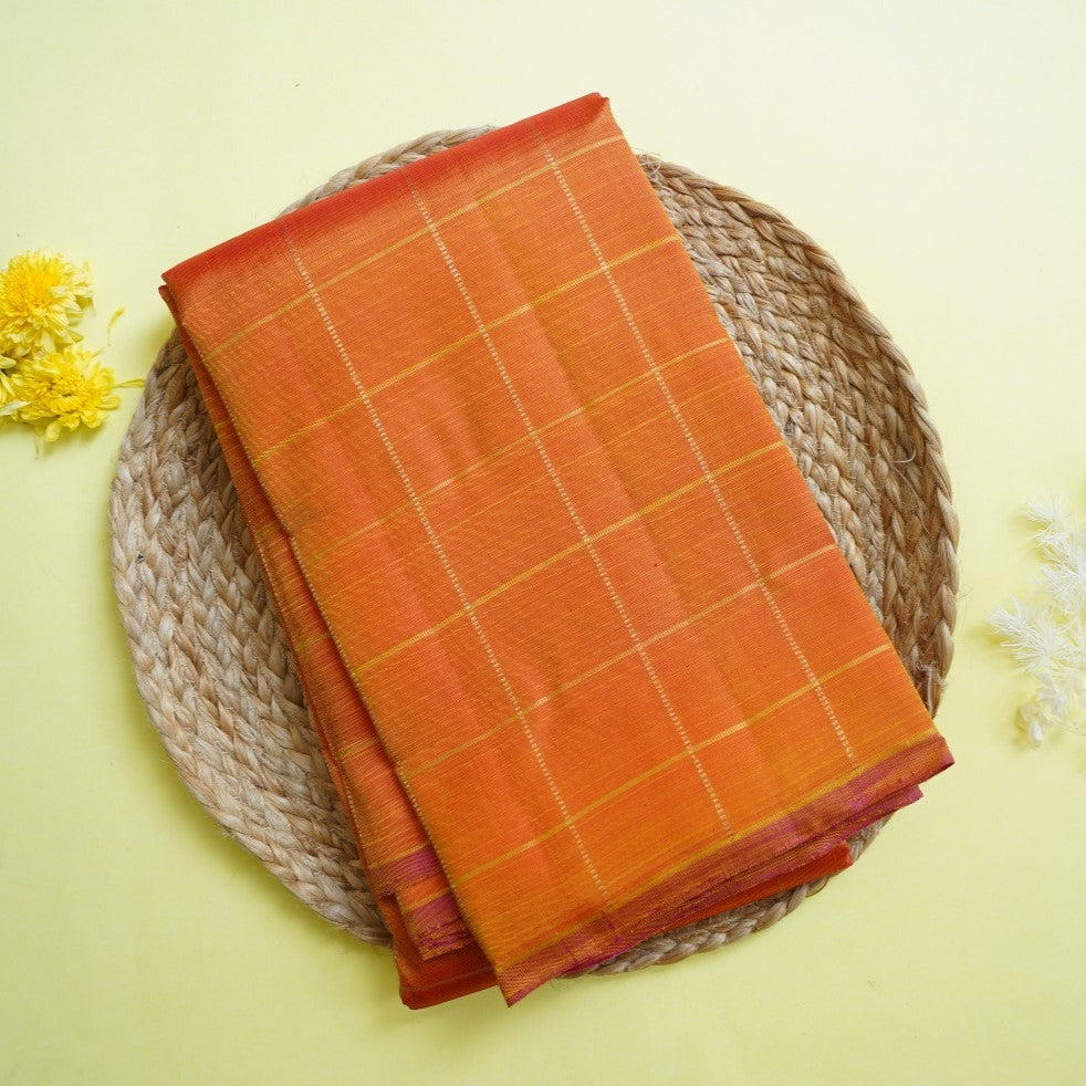 Orange Yellow Pure Kanchi Checks Silk Saree PC10900