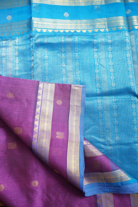 Purple Kanchi Silk Cotton Saree With Zari Border PC11066