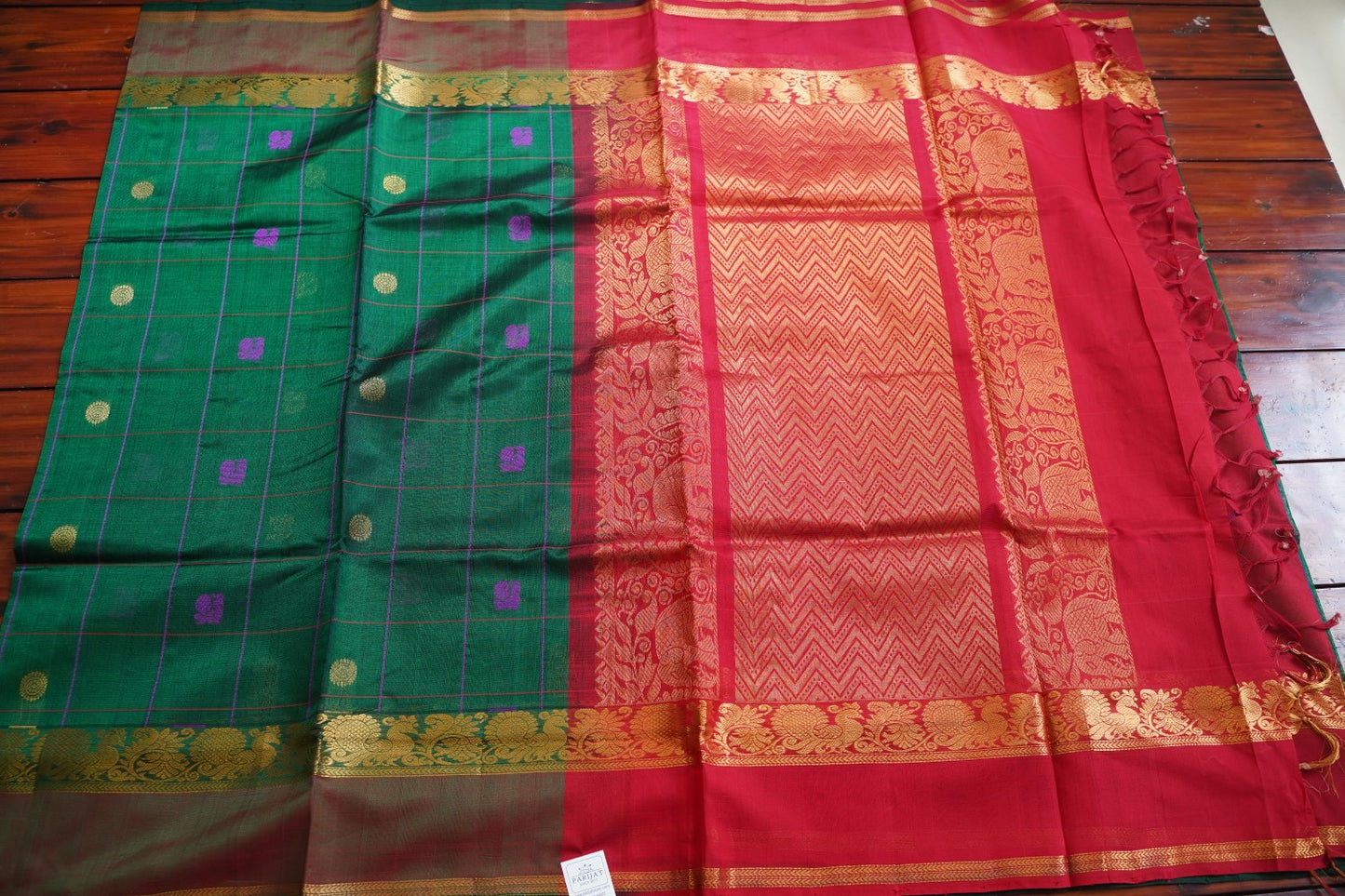 Bottle Green Kanchi Checks Silk Cotton Saree With Zari Border PC11027