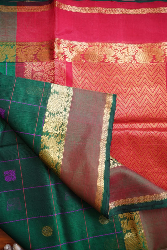 Bottle Green Kanchi Checks Silk Cotton Saree With Zari Border PC11027