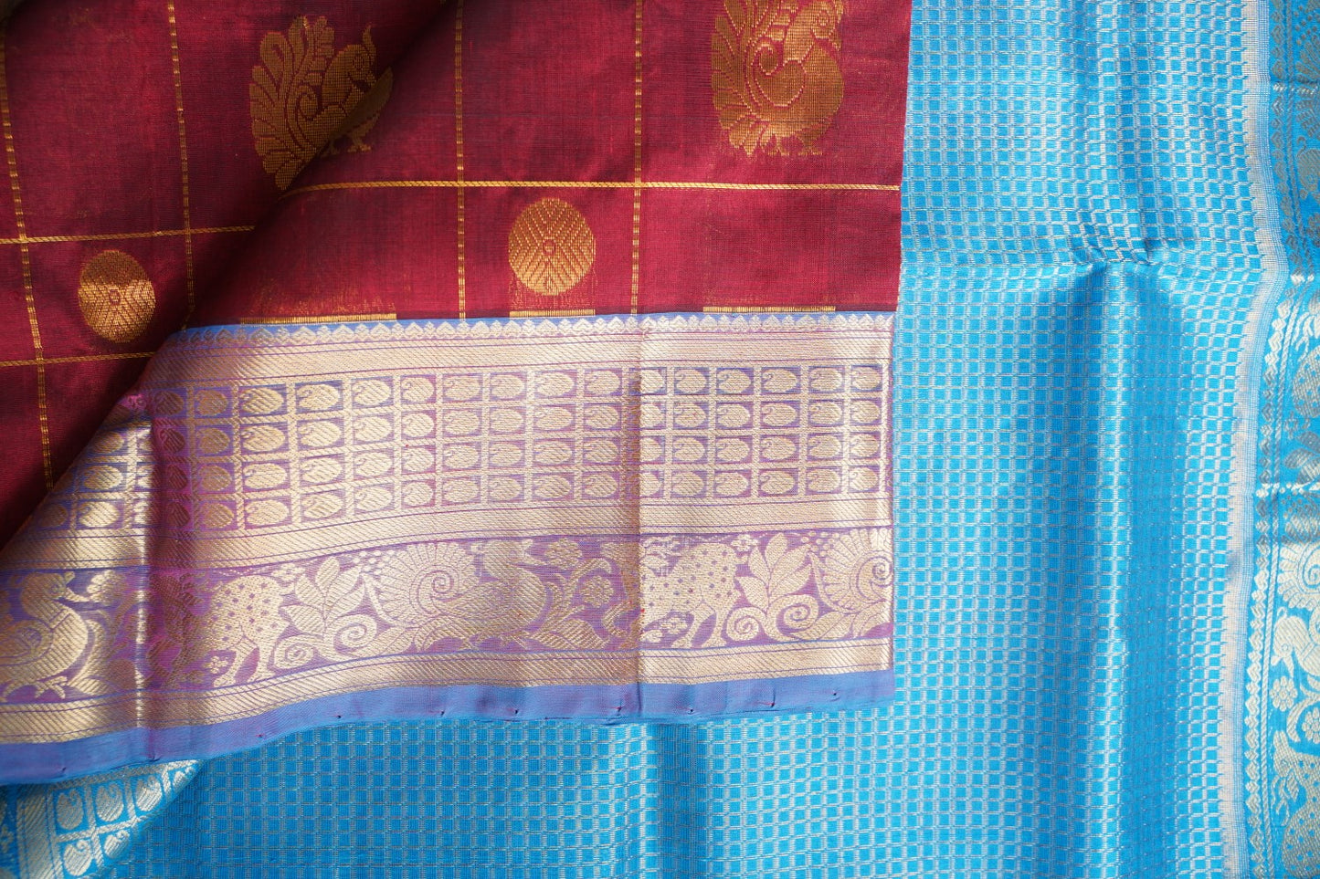 Maroon  Kanchi  Checks Silk Cotton  Saree With Zari Border  PC11022