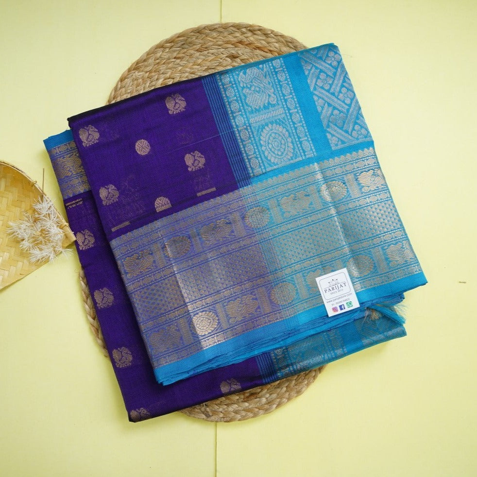 Dark Violet Butta Kanchi Silk Cotton Saree With Zari Border PC11248