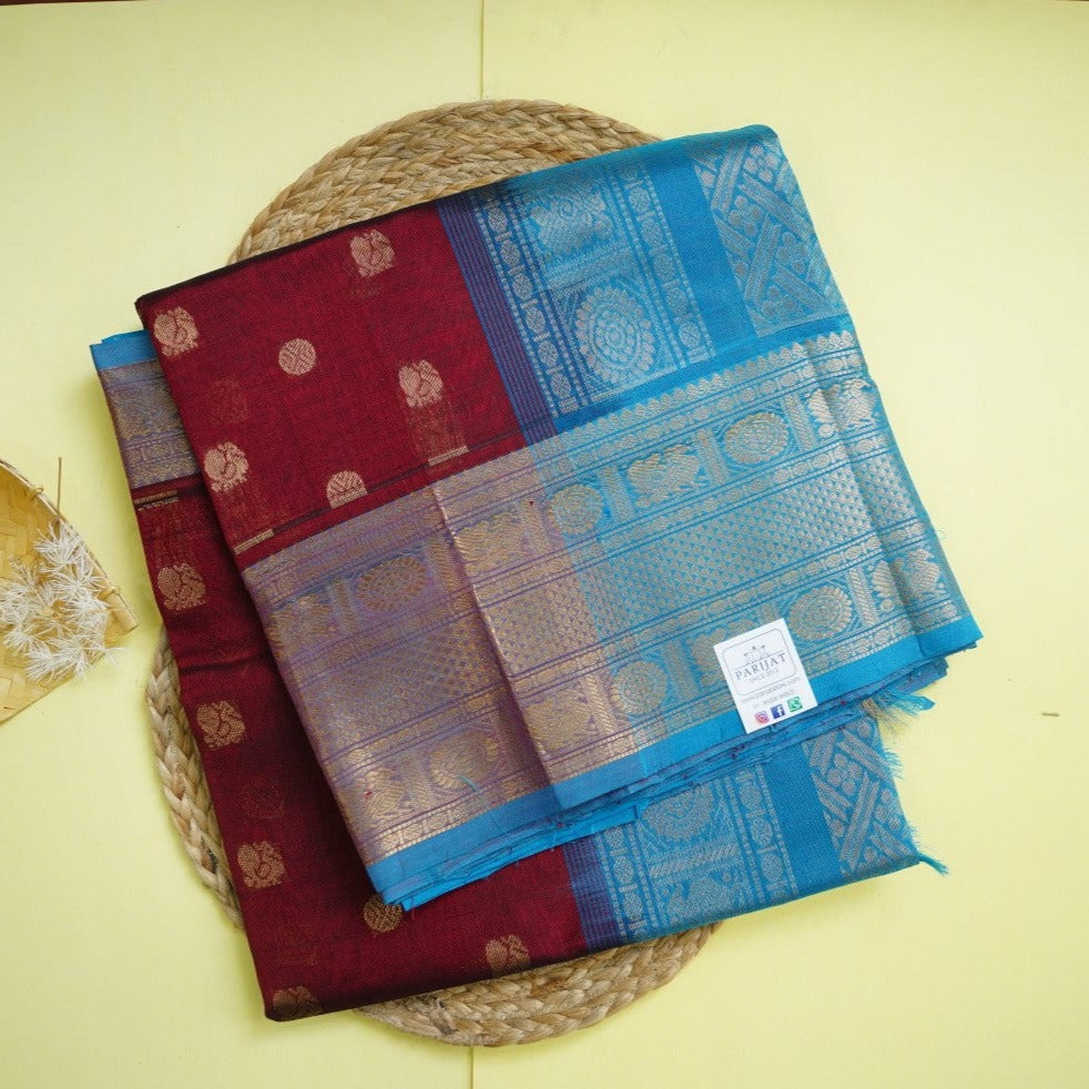 Maroon Butta Kanchi Silk Cotton Saree With Zari Border PC11247