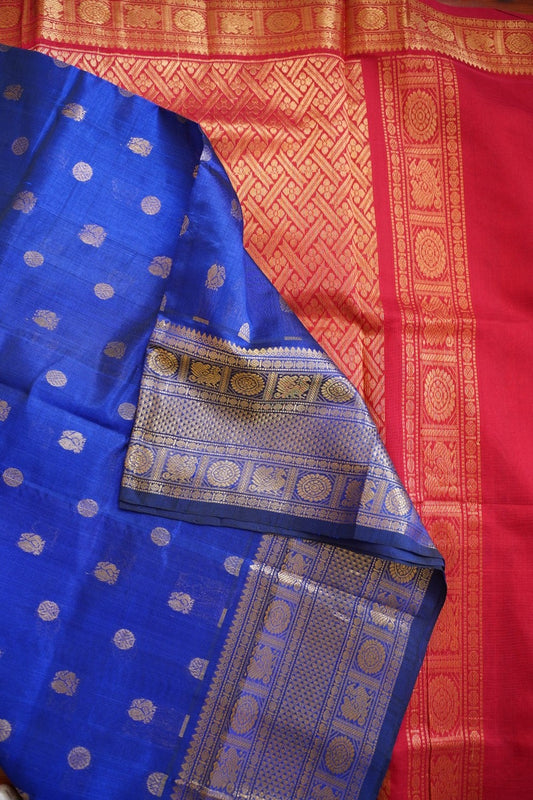 Ink Blue Butta Kanchi Silk Cotton Saree With Zari Border PC11249