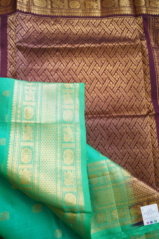Leaf Green Butta Kanchi Silk Cotton Saree With Zari Border PC11250