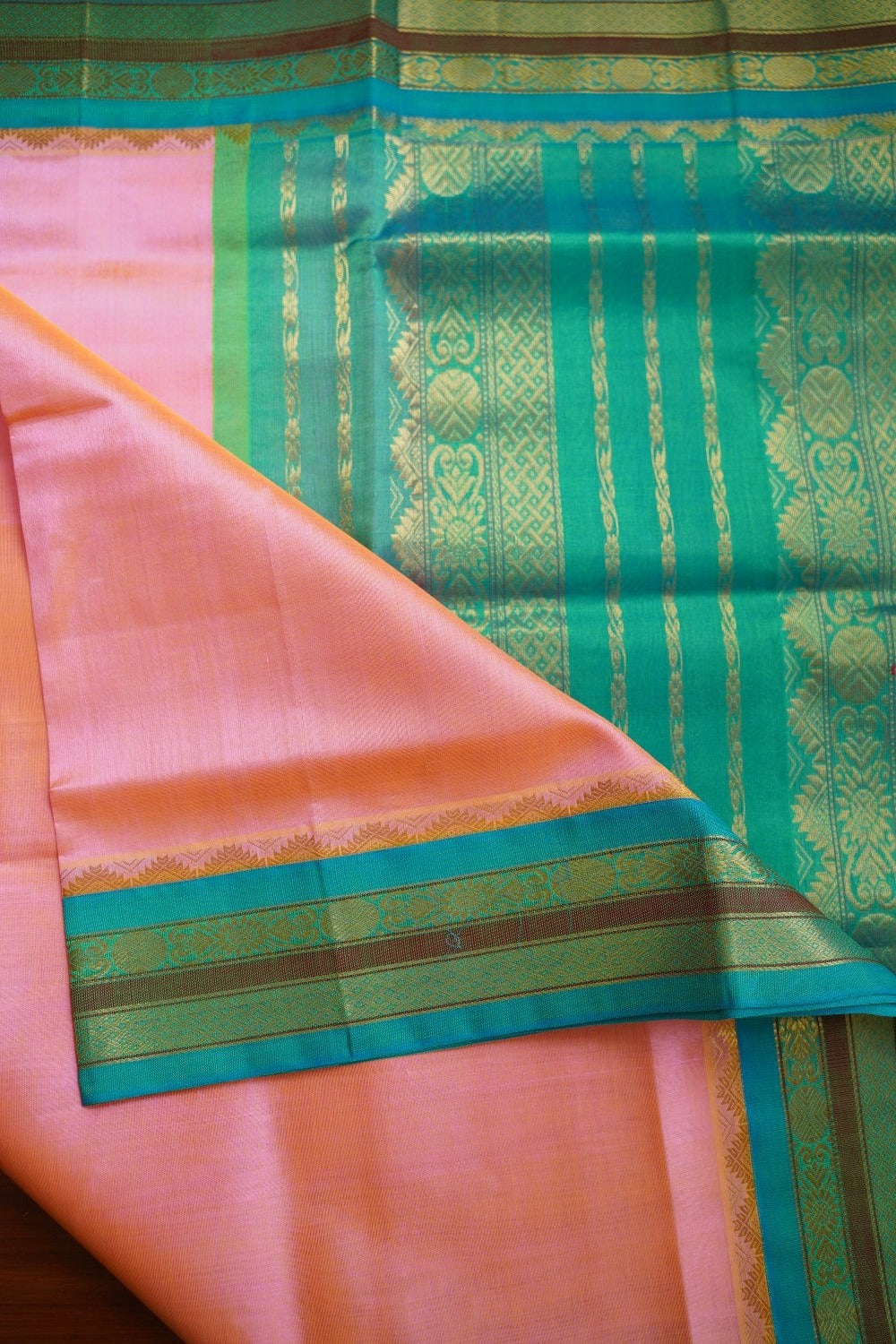 Peachish Pink Kanchi Silk Cotton Saree With Zari Border PC11262