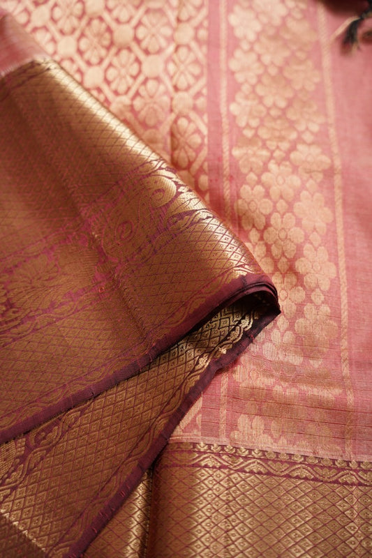 Brown Kanchi Silk Cotton Saree With Zari Border PC1568