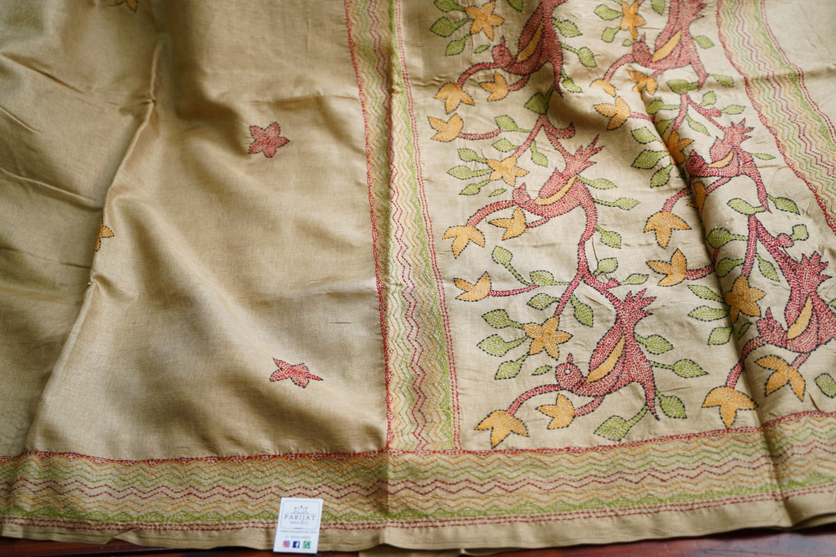 semi tussar kantha work saree PC18314