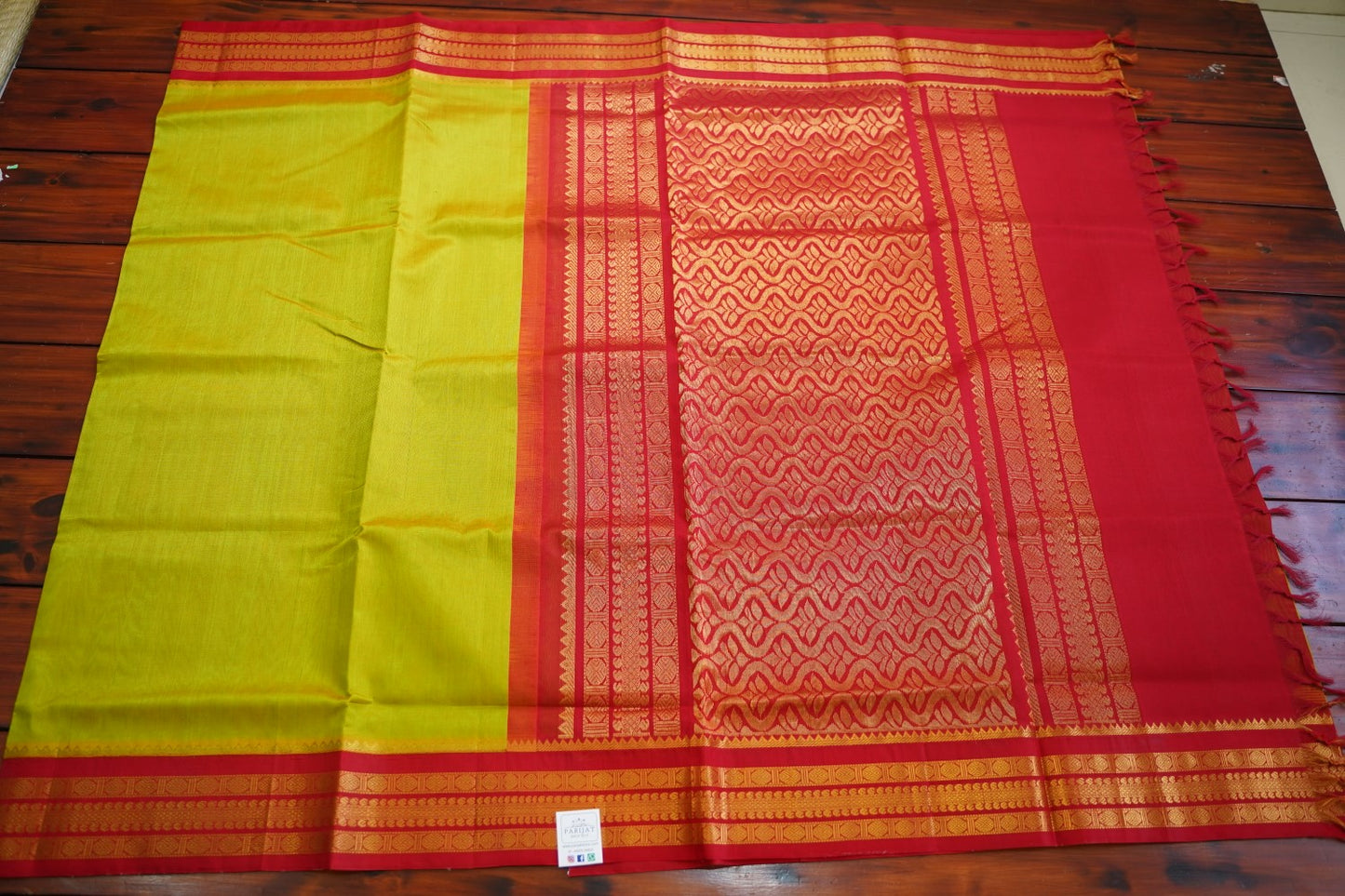 Olive Green With Yellow Shade Kanchi Silk Cotton Saree With Zari Border PC11336