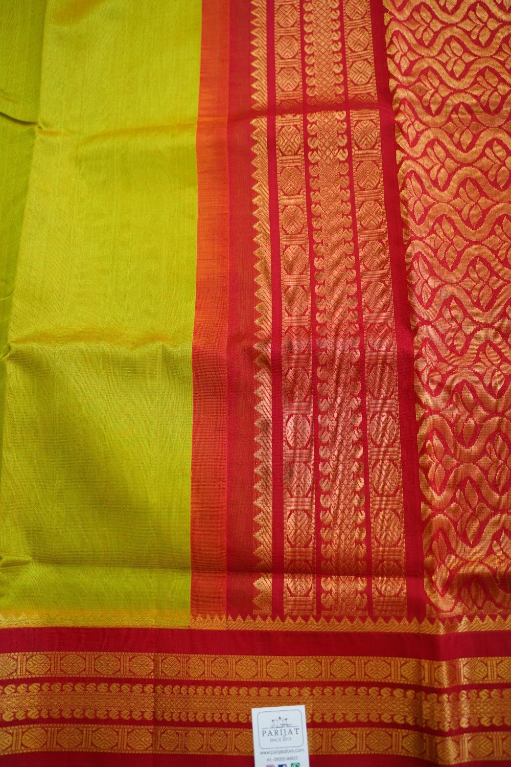 Olive Green With Yellow Shade Kanchi Silk Cotton Saree With Zari Border PC11336