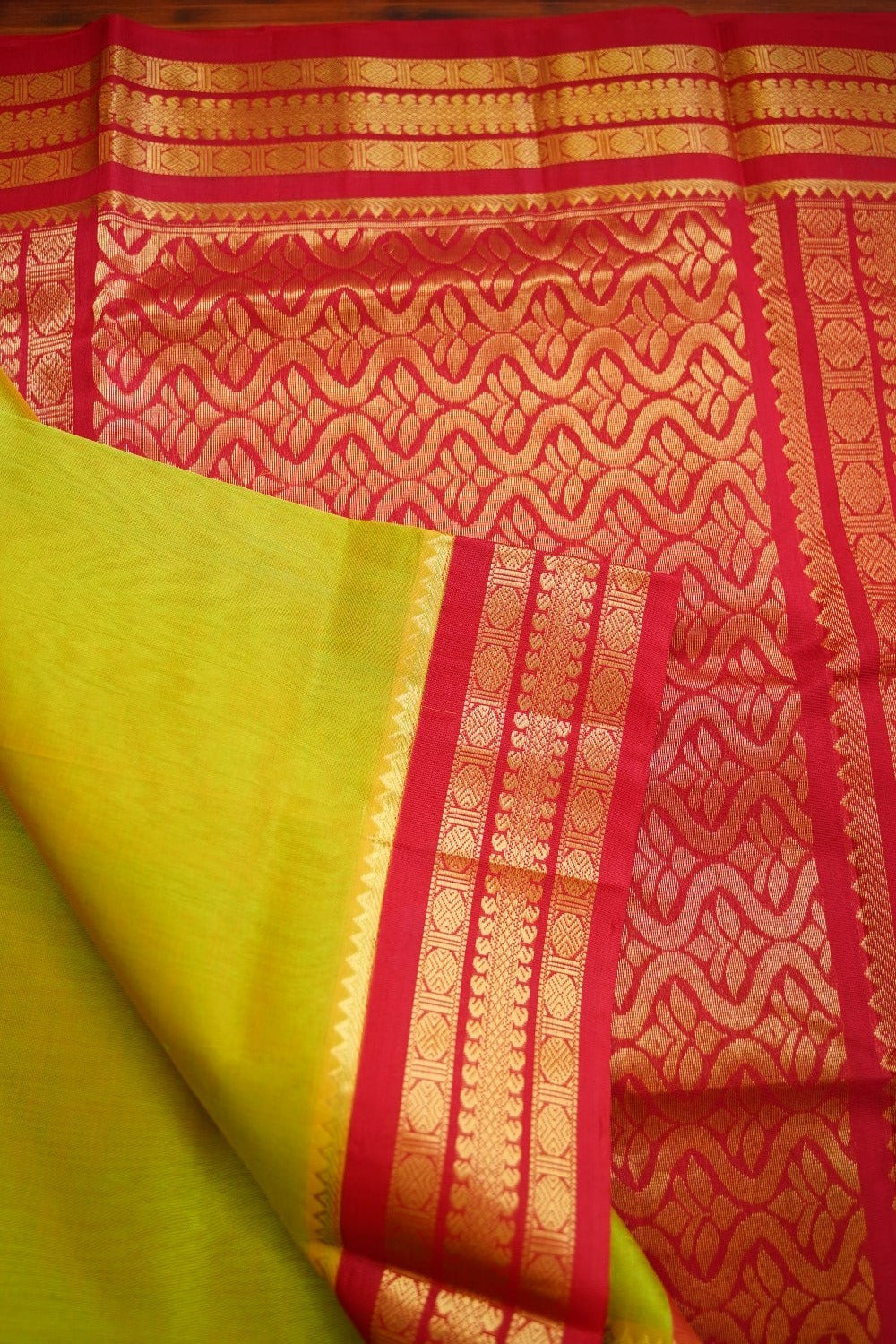 Olive Green With Yellow Shade Kanchi Silk Cotton Saree With Zari Border PC11336