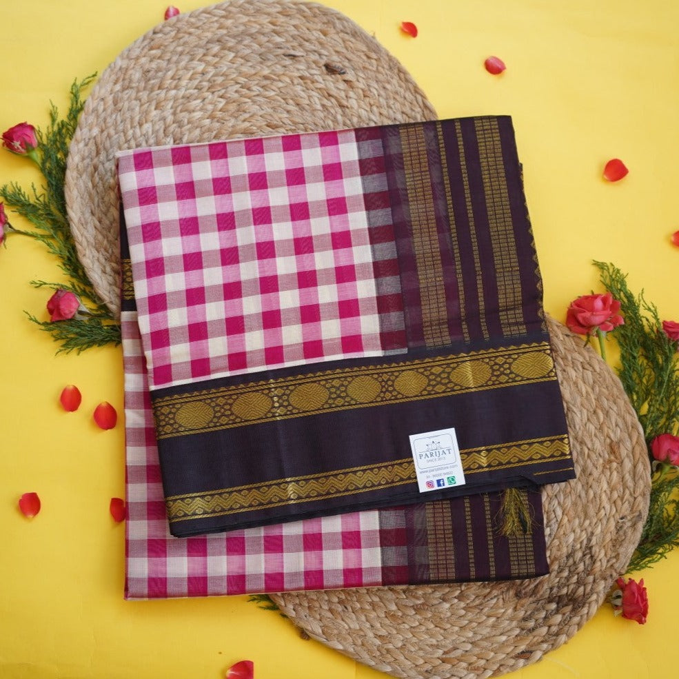 Kanchi Silk Cotton Checked Saree With Zari Border PC10194