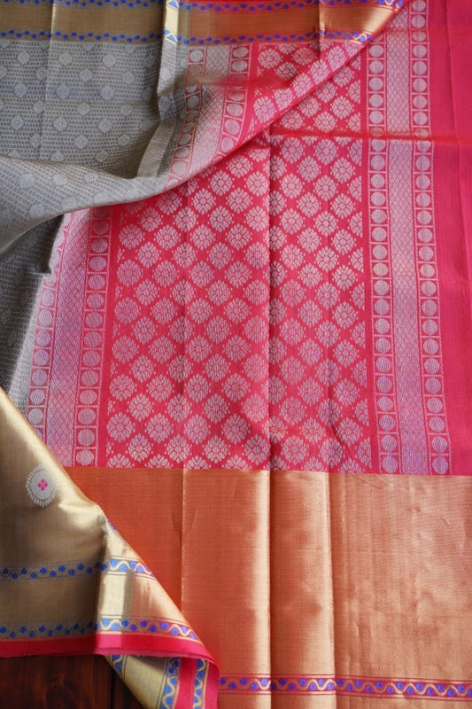 Grey Kanchi Silk Cotton Saree With Zari Border PC1572