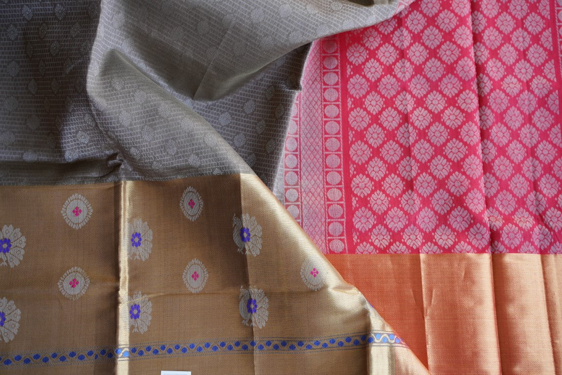 Grey Kanchi Silk Cotton Saree With Zari Border PC1572