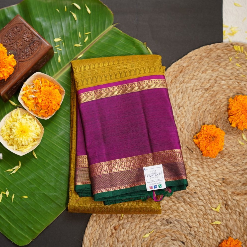 Mehandhi Green Varisaipet Pure 4gm Gold Kanchi Silk Saree PC10358