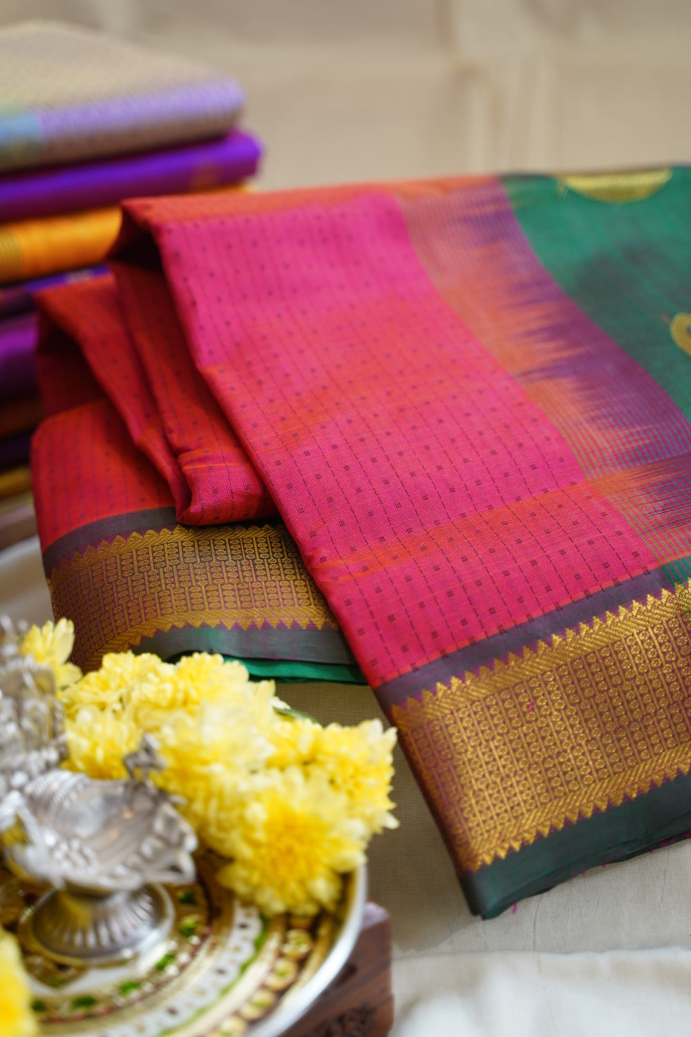 Pink Lakshadeepam Kanchi Silk Cotton Saree With Zari Border PC11734