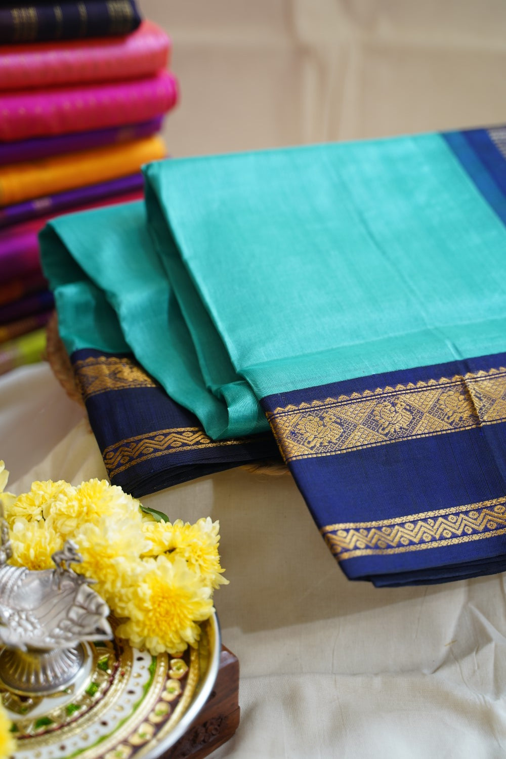 Ramar Blue Kanchi Silk Cotton Saree With Zari Border PC11700