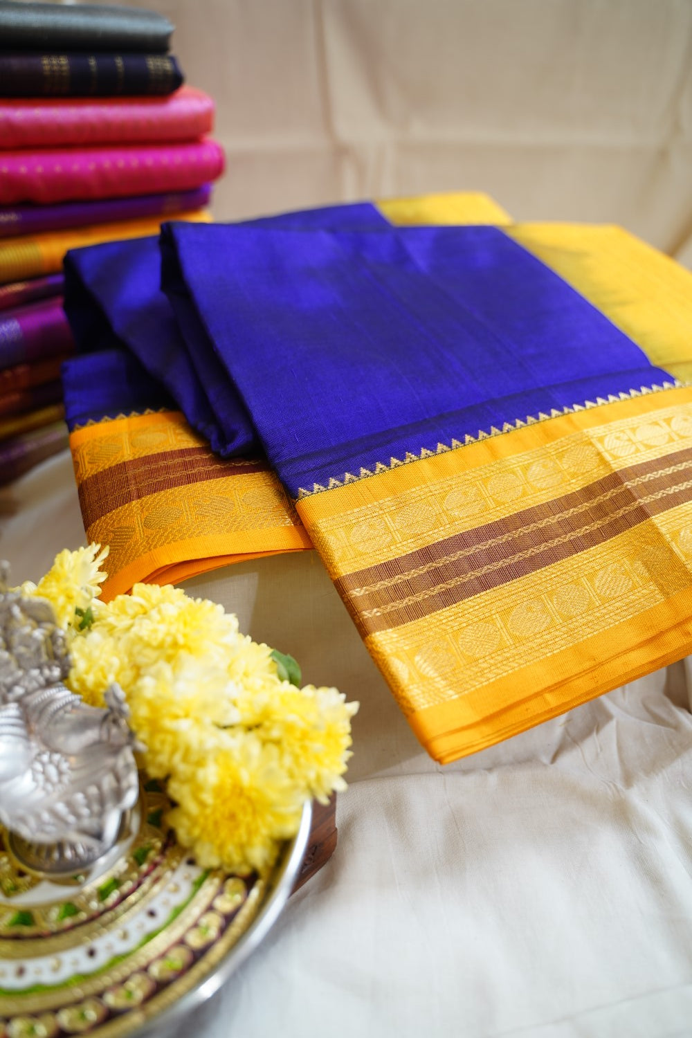 Navy Blue Kanchi Silk Cotton Saree With Zari Border PC11744