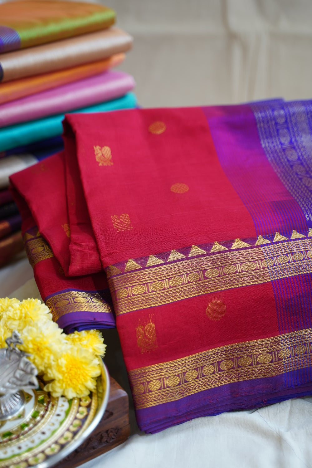 Red Butta Kanchi Silk Cotton Saree With Zari Border PC11718