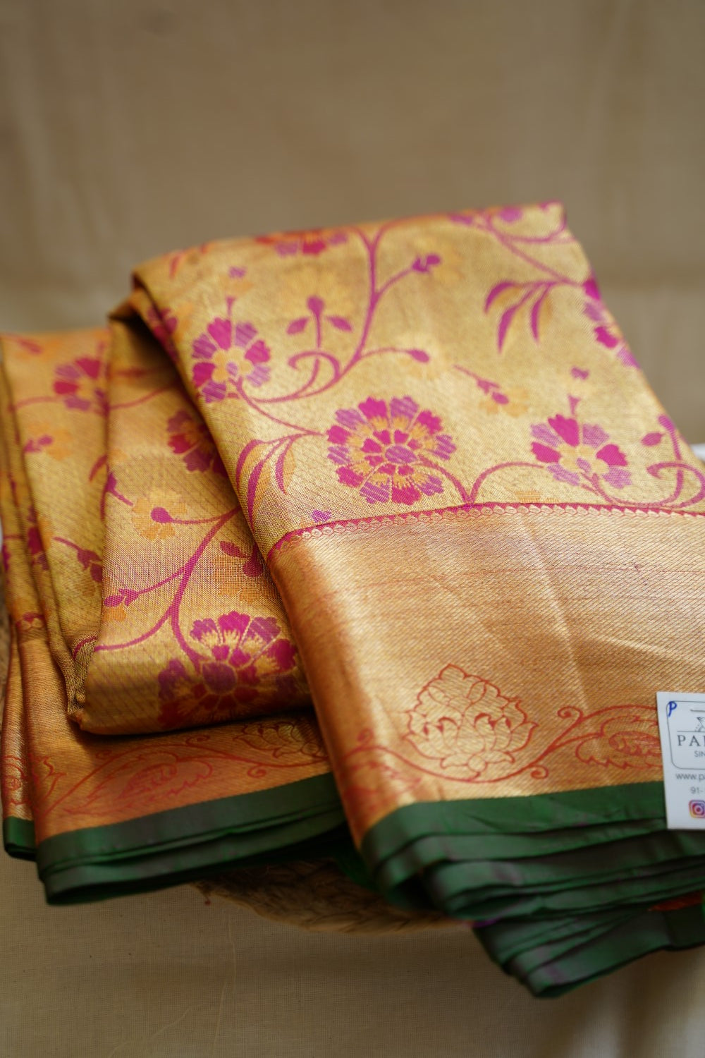 Bright Gold & Pink Bridal Silk Saree with Grand Pink Zari Pallu PC12796