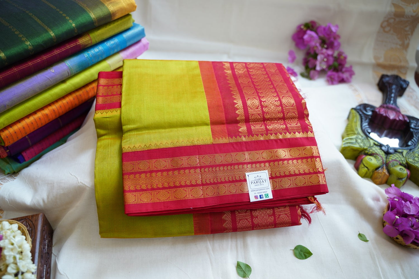 Olive Green With Yellow Shade Kanchi Silk Cotton Saree With Zari Border PC11336