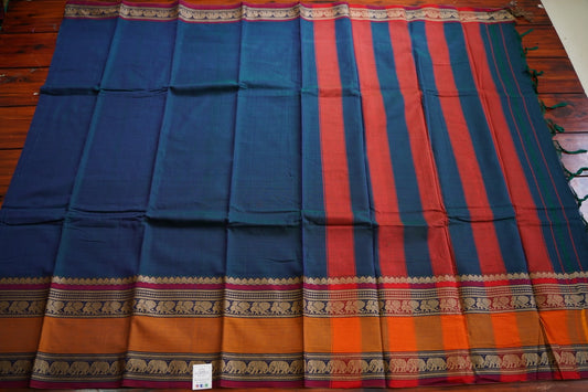Peacock Blue Narayanapet handloom Cotton Saree with Thread border PC12782