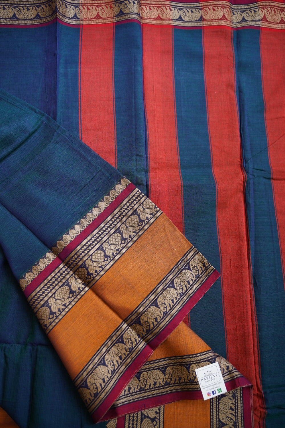 Peacock Blue Narayanapet handloom Cotton Saree with Thread border PC12782
