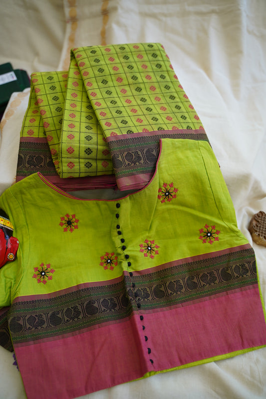 Leaf Green Handloom Kanchi Cotton Saree & Blouse Set PC12837