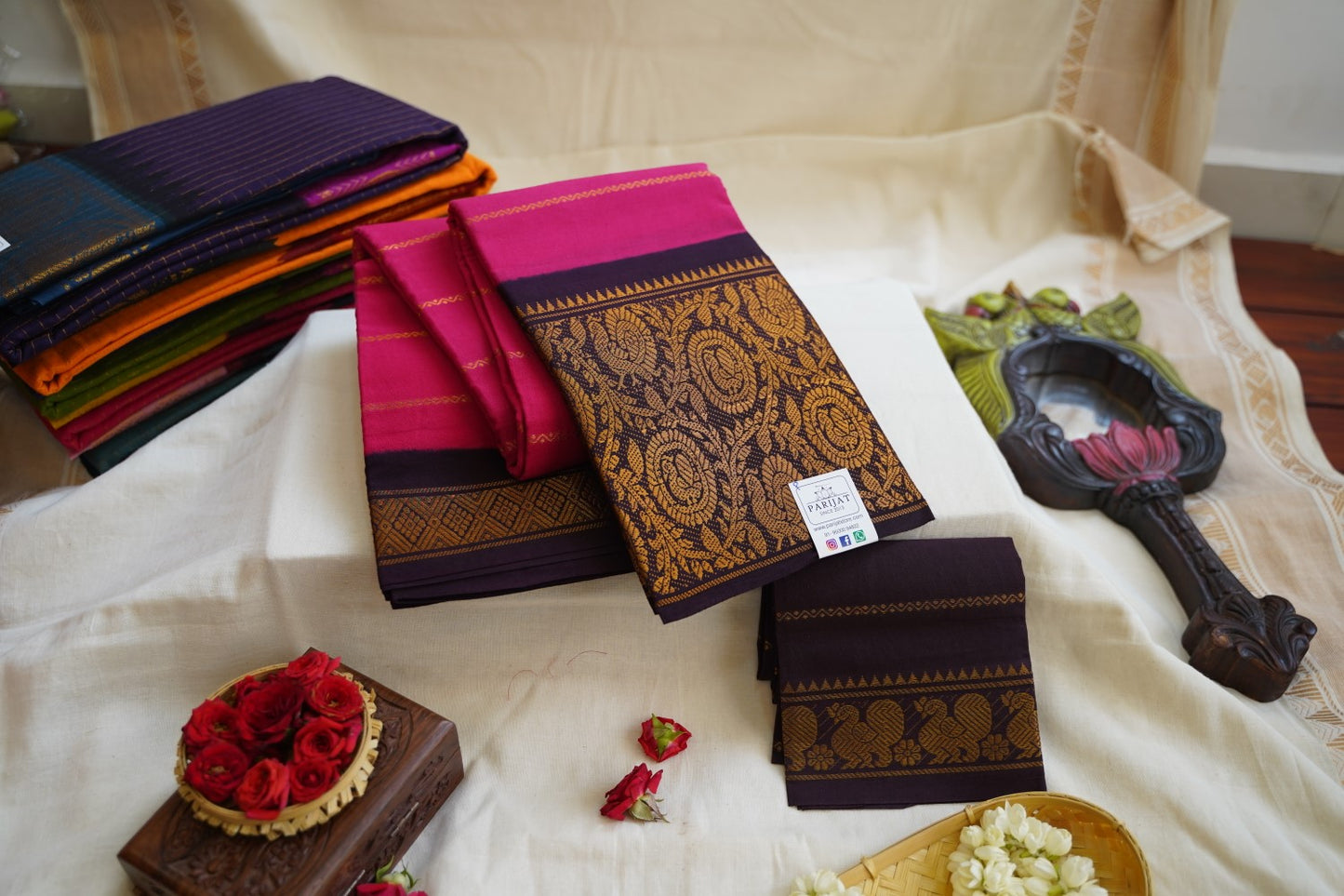 Meganta Pink Veldhari Sungadi handloom Cotton Saree With Blouse PC10415