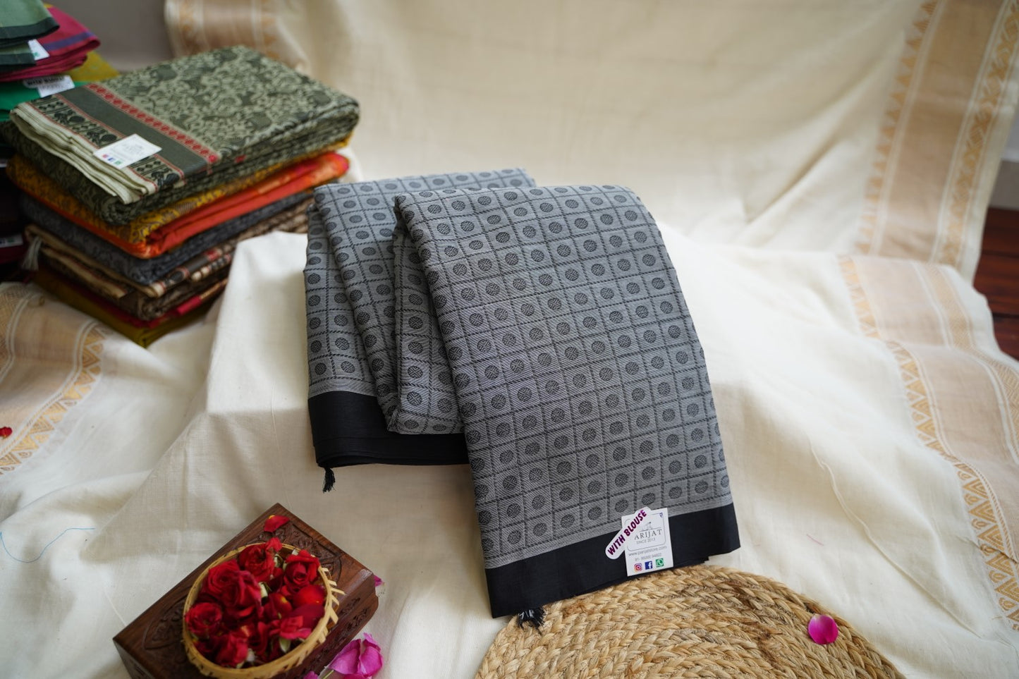 Grey1000 Butta Chettinad handloom Cotton Saree  PC11495