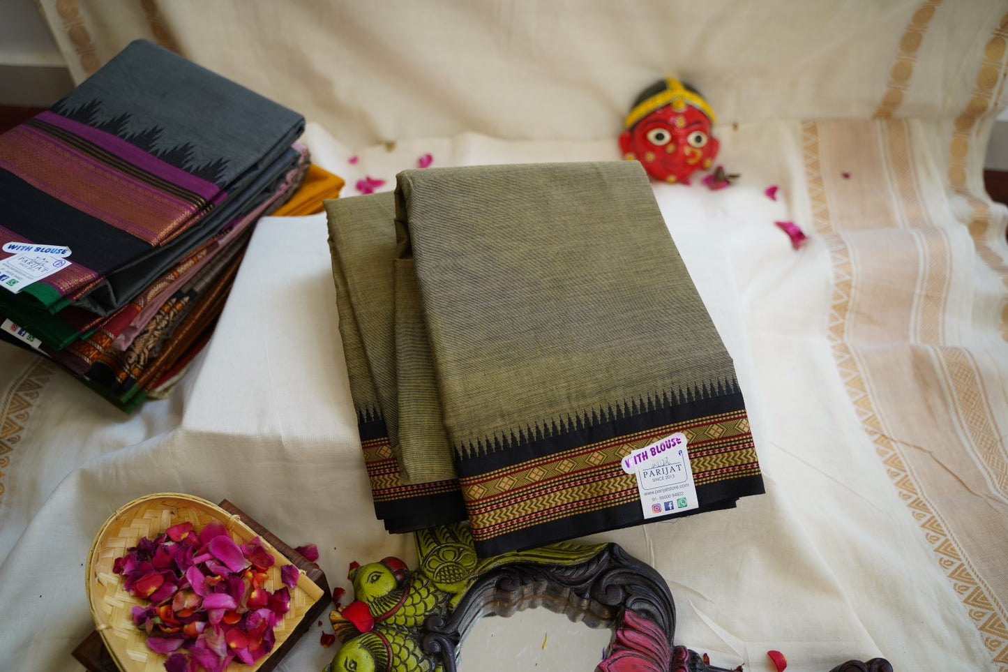 Grey Chettinad handloom Cotton Saree With Thread Border PC11456