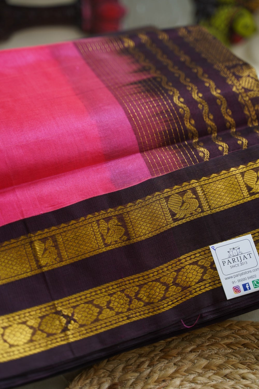Candy Pink Kanchi Silk Cotton Saree With Zari Border PC10454