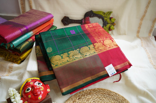 Bottle Green Kanchi Checks Silk Cotton Saree With Zari Border PC11027