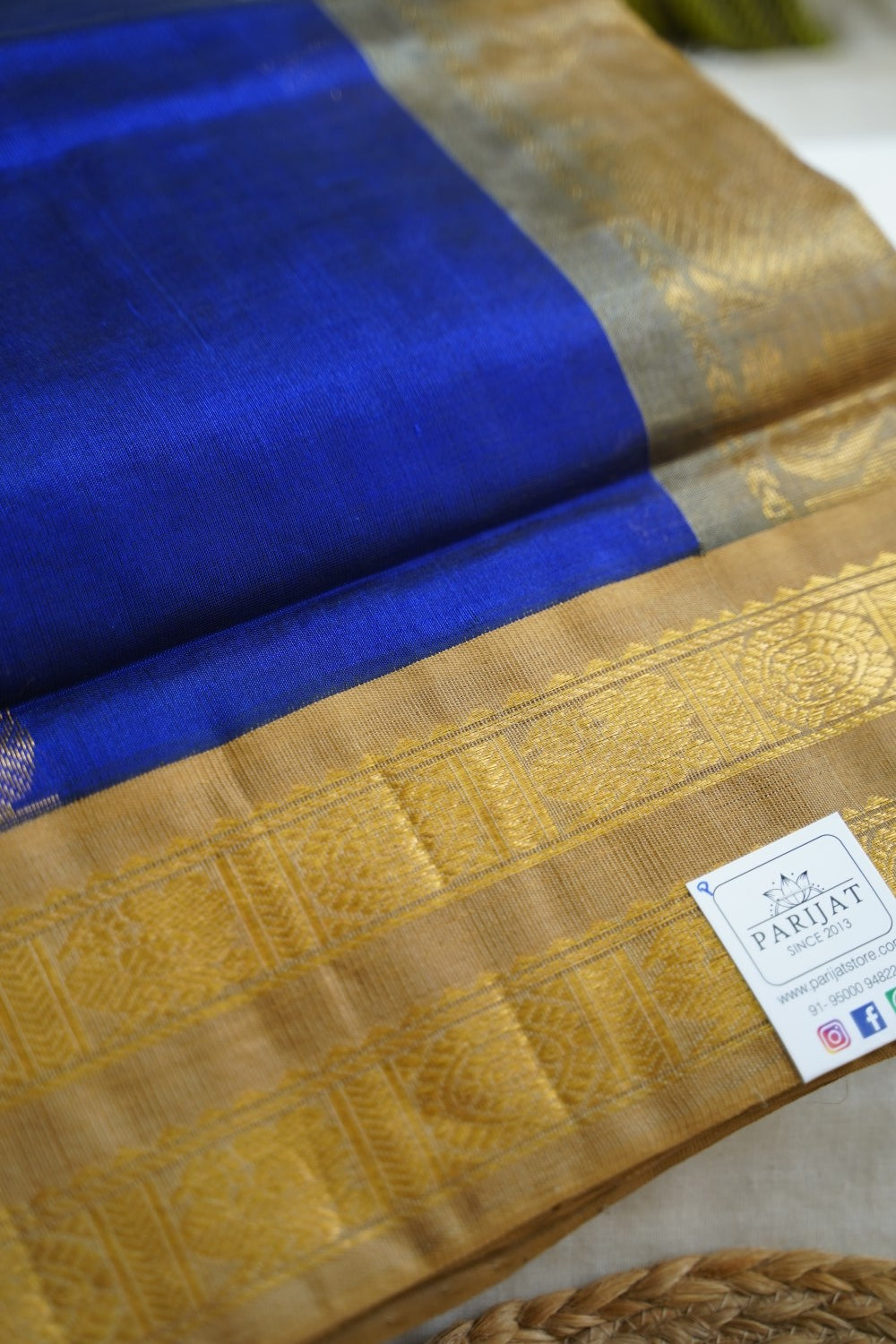 Ink Blue Kanchi Silk Cotton Saree With Zari Border PC10791