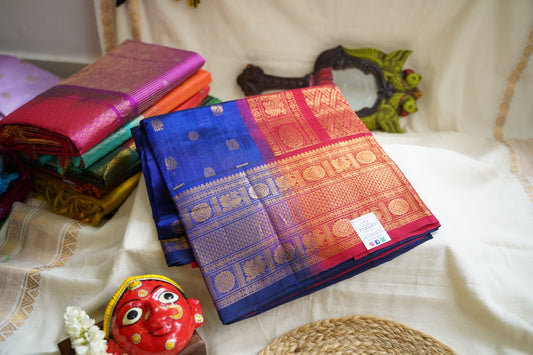 Ink Blue Butta Kanchi Silk Cotton Saree With Zari Border PC11249