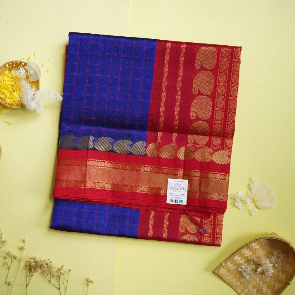 Blue Kanchi Checks Silk Cotton Saree With Zari Border PC10581