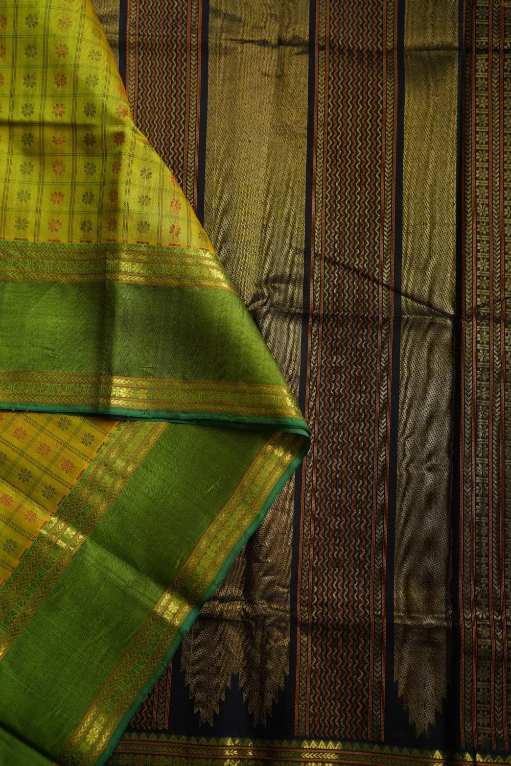 Olive Green Kanchi Silk Cotton Saree With Zari Border PC10625