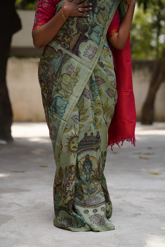 Pen Kalamkari Hand Painted Pure Kanchi Silk Saree - PENSLK PC12116