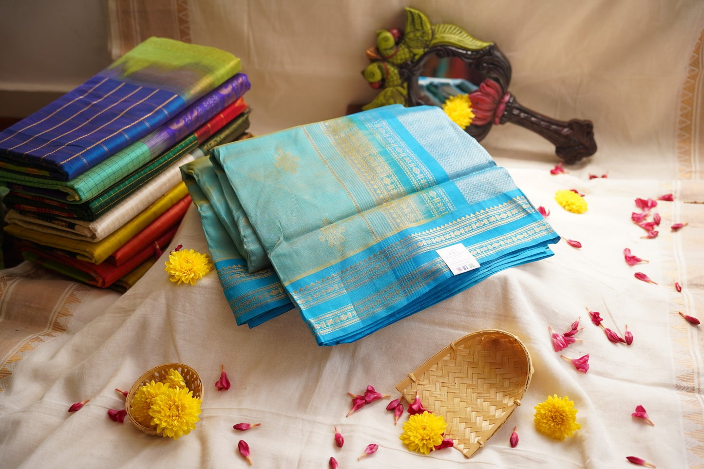 Sea Green Jari Butta Ponduru handloom Cotton Saree PC10122