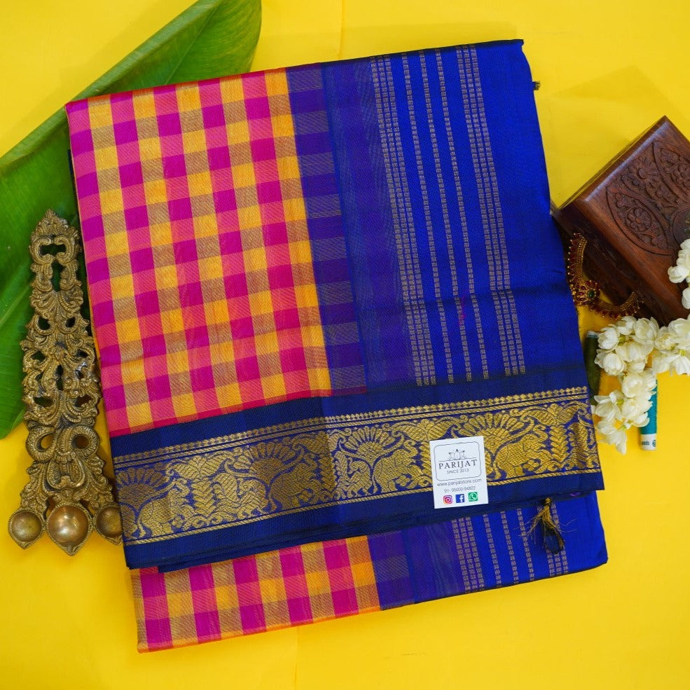 Kanchi Silk Cotton Checked Saree With Zari Border PC10161