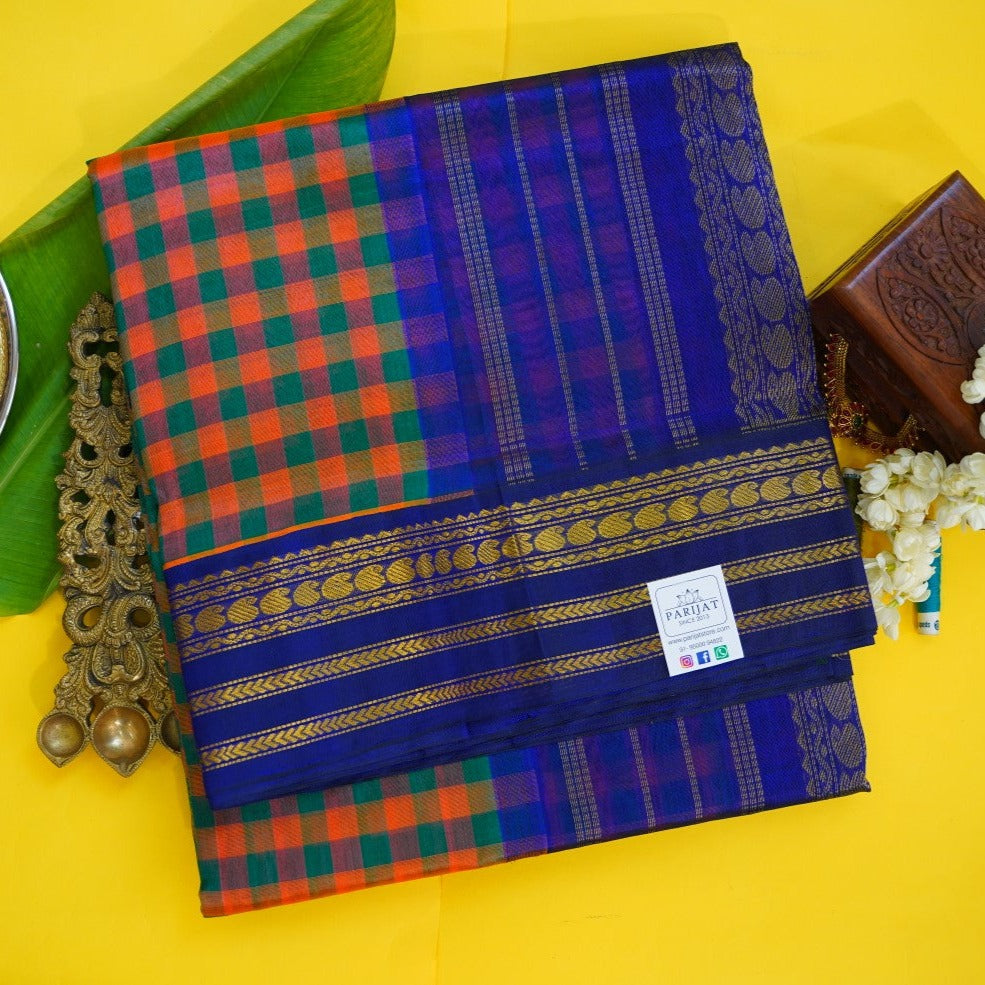 Kanchi Silk Cotton Checked Saree With Zari Border PC10160