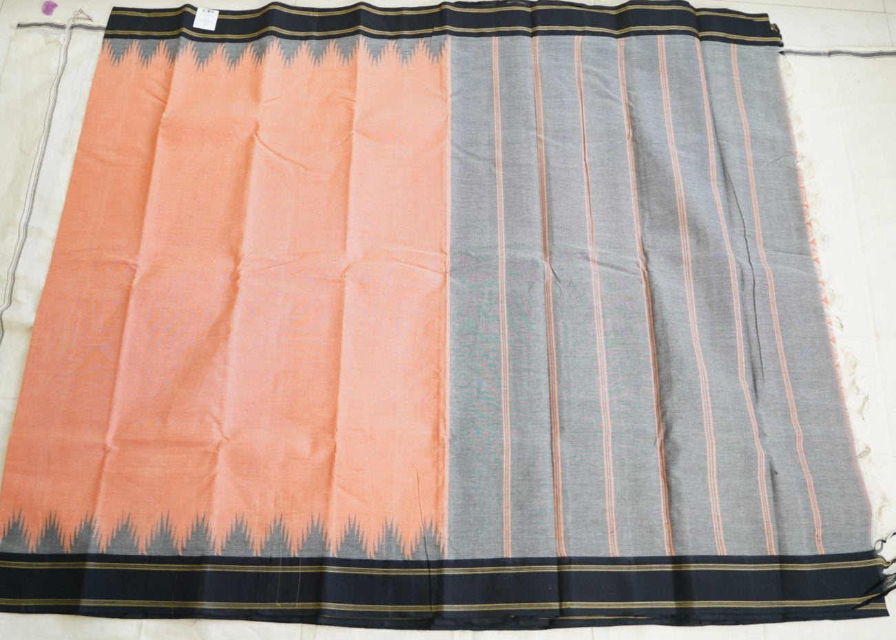Baby Pink Linen Block Printed Cotton Saree PC10428