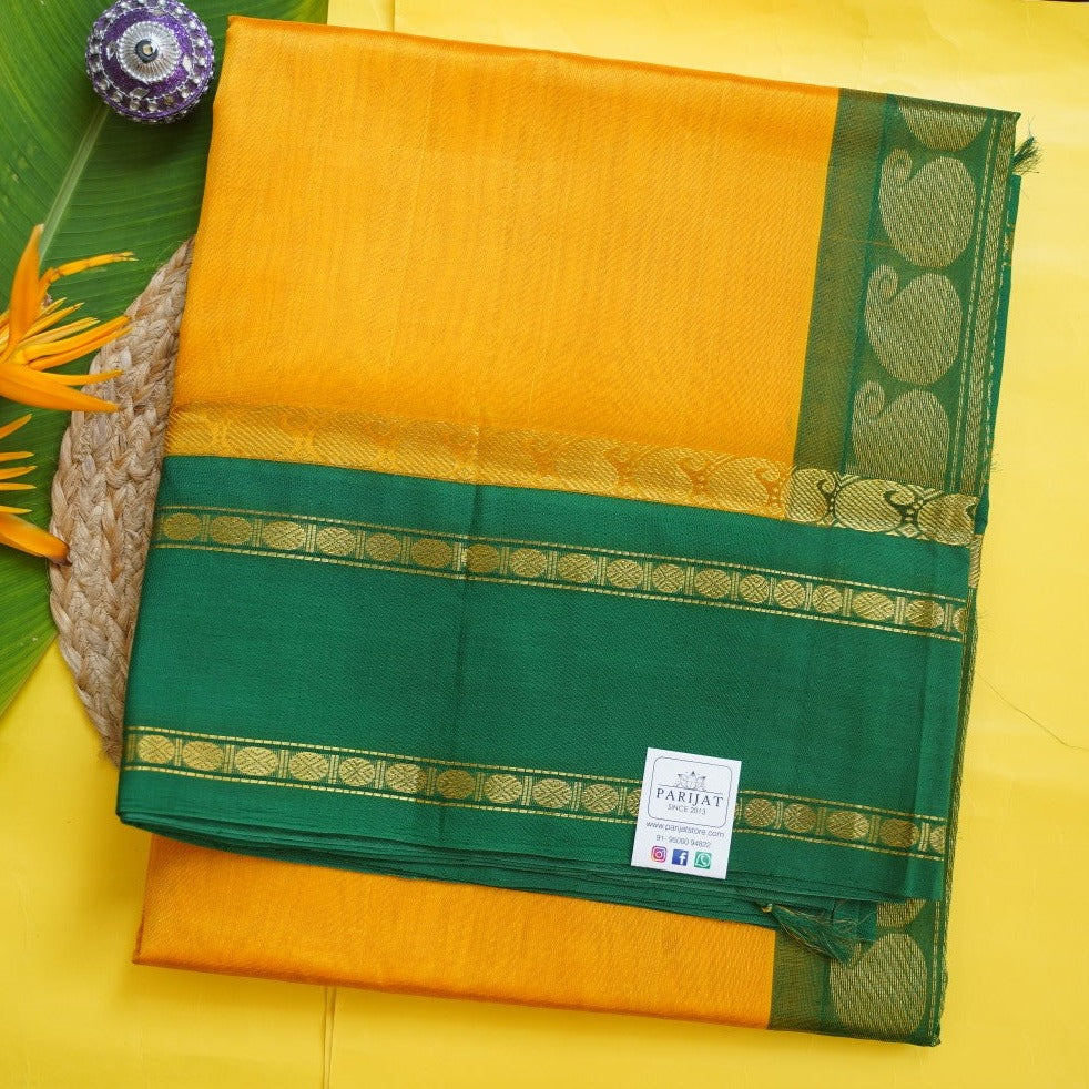 Mango Yellow Kanchi Silk Cotton Saree With Zari Border PC10459