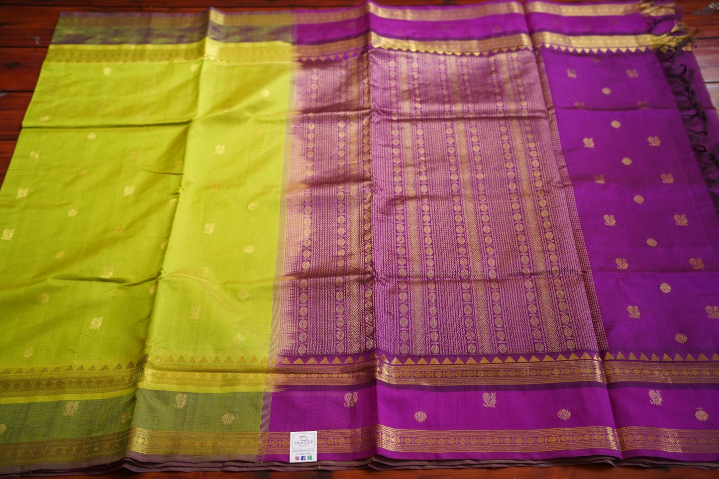 Parrot Green Butta Kanchi Silk Cotton Saree With Zari Border PC11722