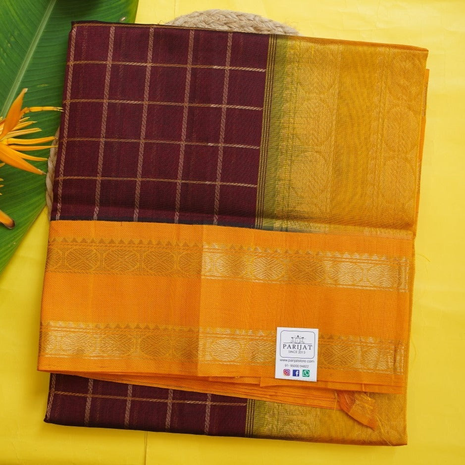Maroon Checks Kanchi Silk Cotton Saree With Zari Border PC10477