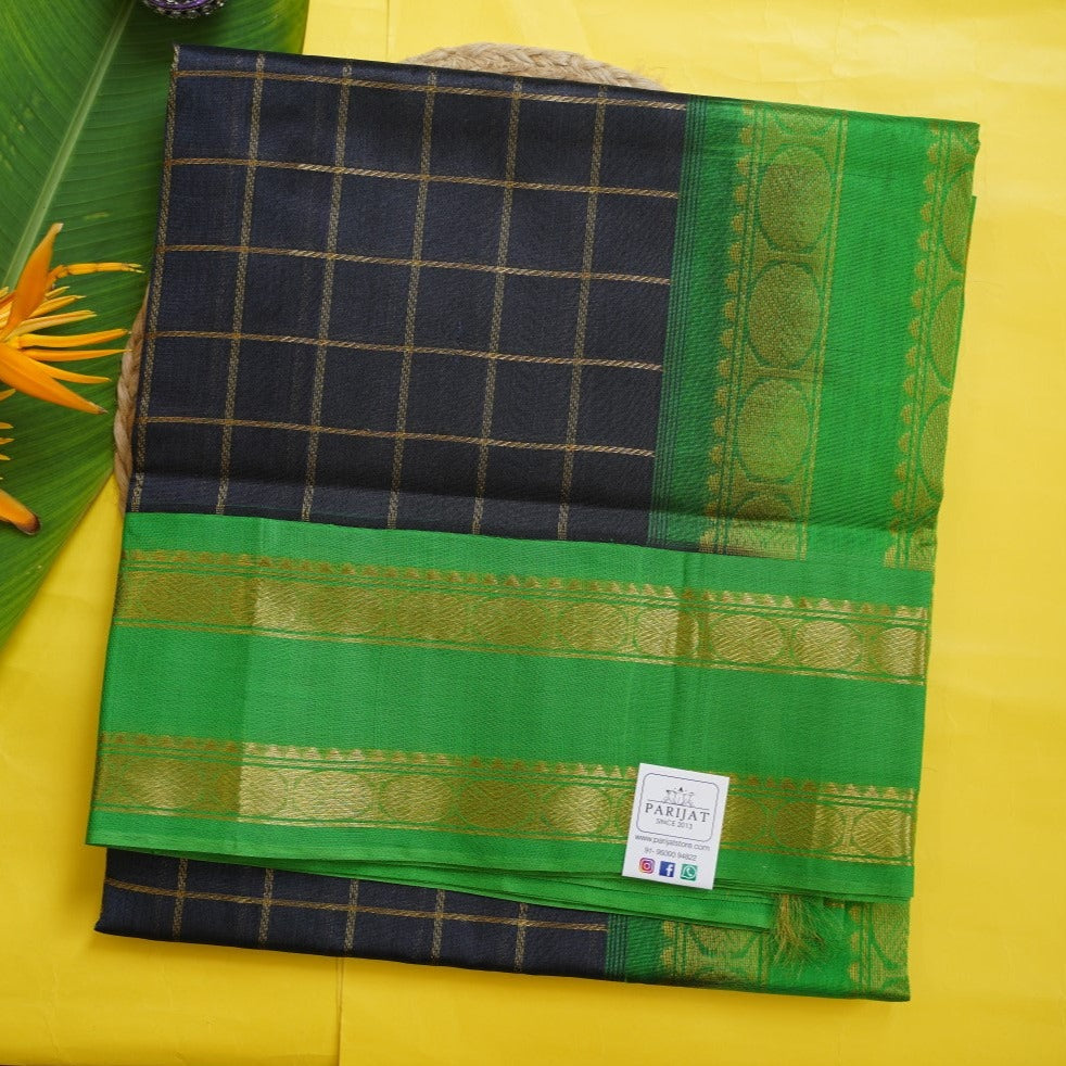 Grey Checks Kanchi Silk Cotton Saree With Zari Border PC10476