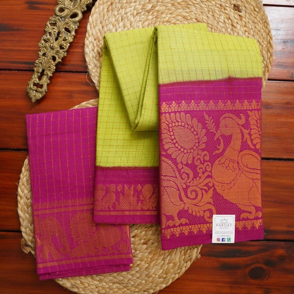 Parrot Green Sungadi Cotton Saree With Blouse PC10516