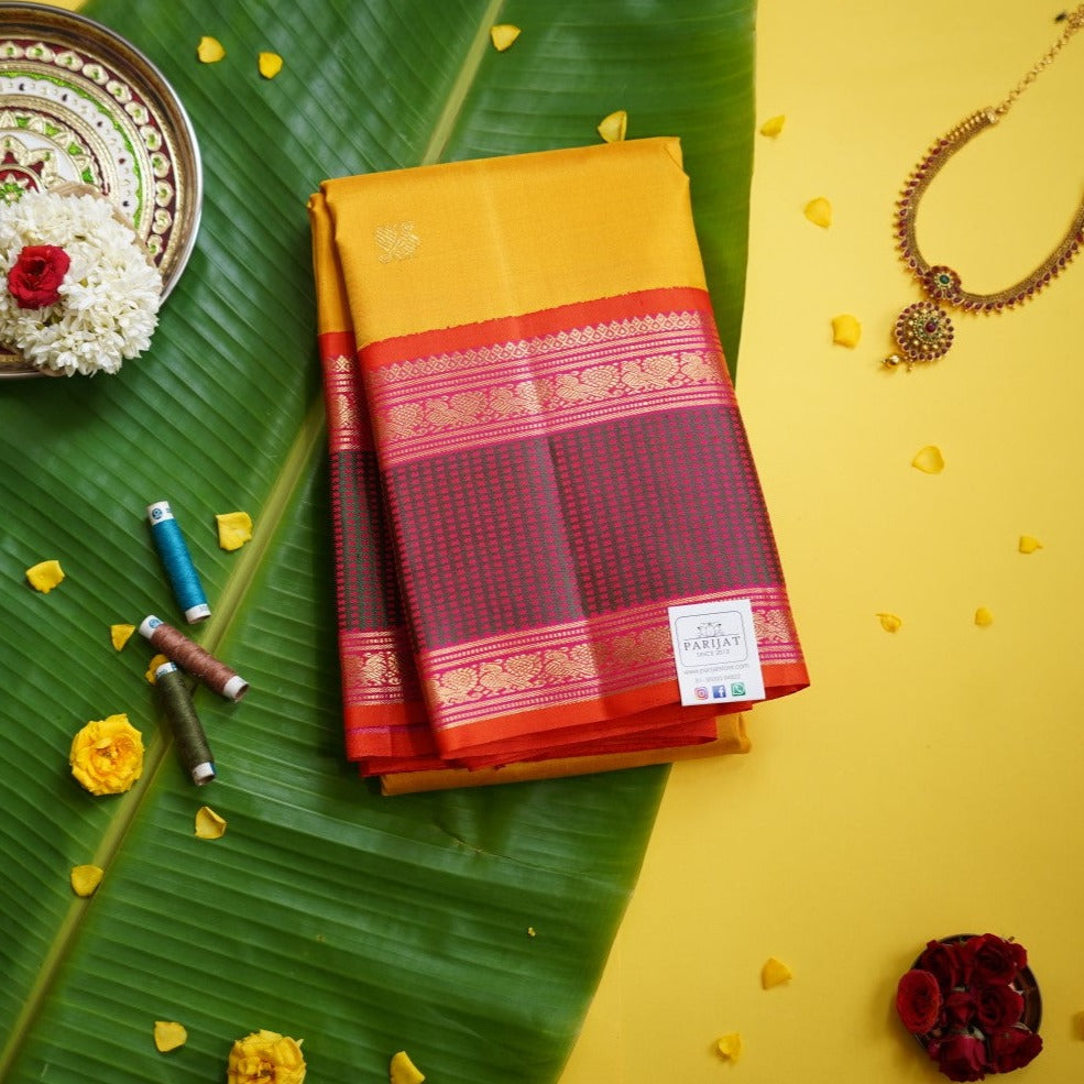 Mango Yellow 4gm gold zari Pure Kanchi Silk Saree PC10002